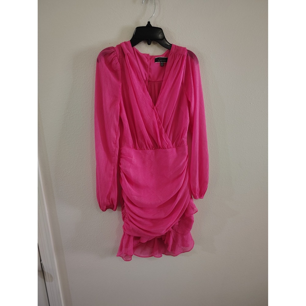 Blue Blush Hot Pink Ruched Metallic Mini Dress Long Sleeve V-Neck Small